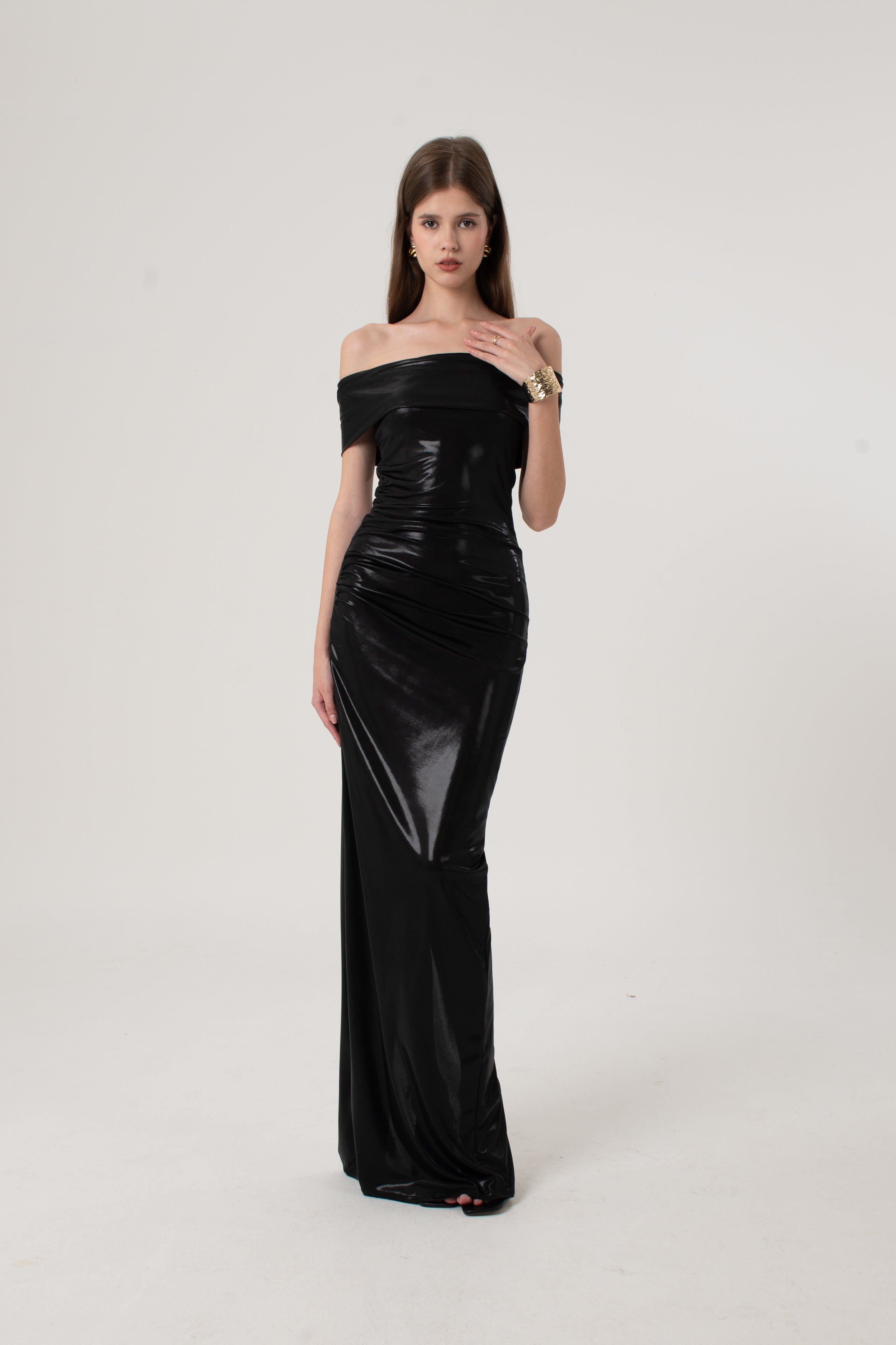 Black Metallic Shimmer Bardot Dress