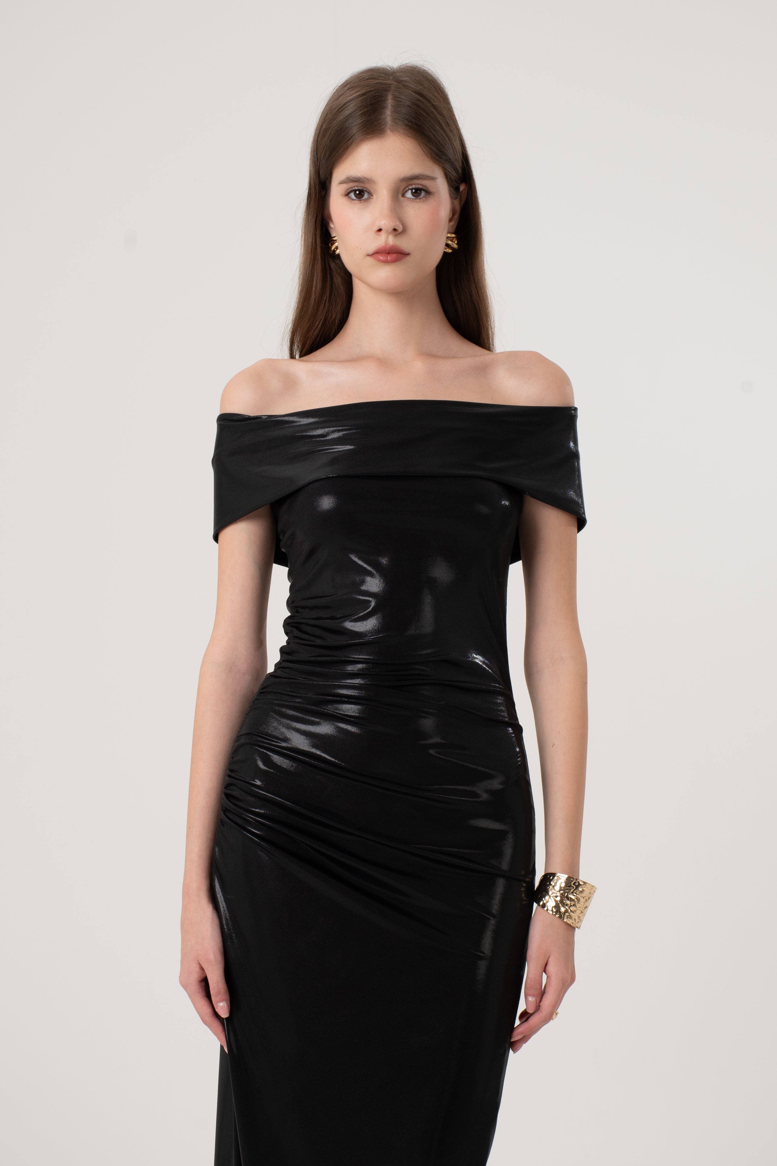 Black Metallic Shimmer Bardot Dress