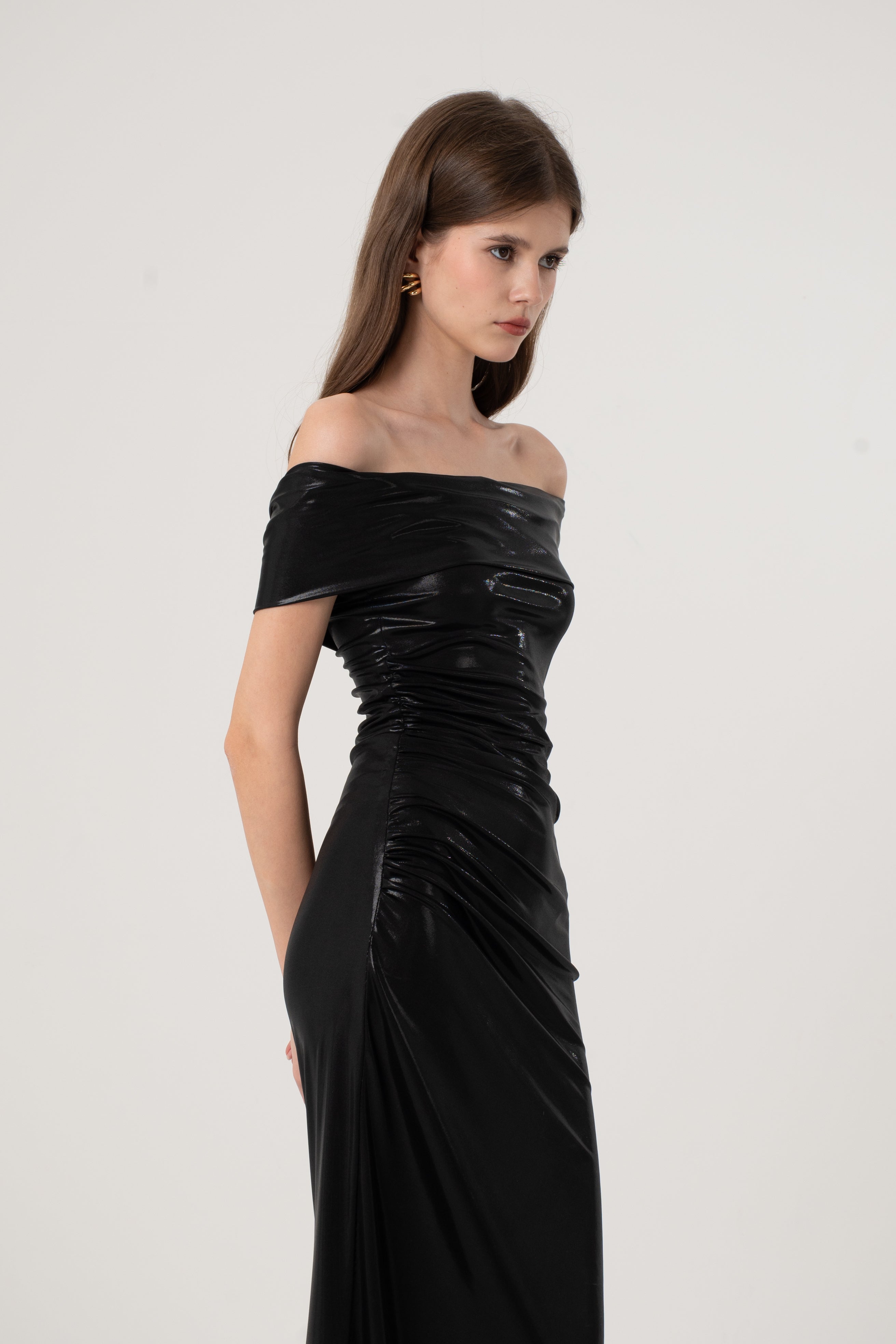 Black Metallic Shimmer Bardot Dress
