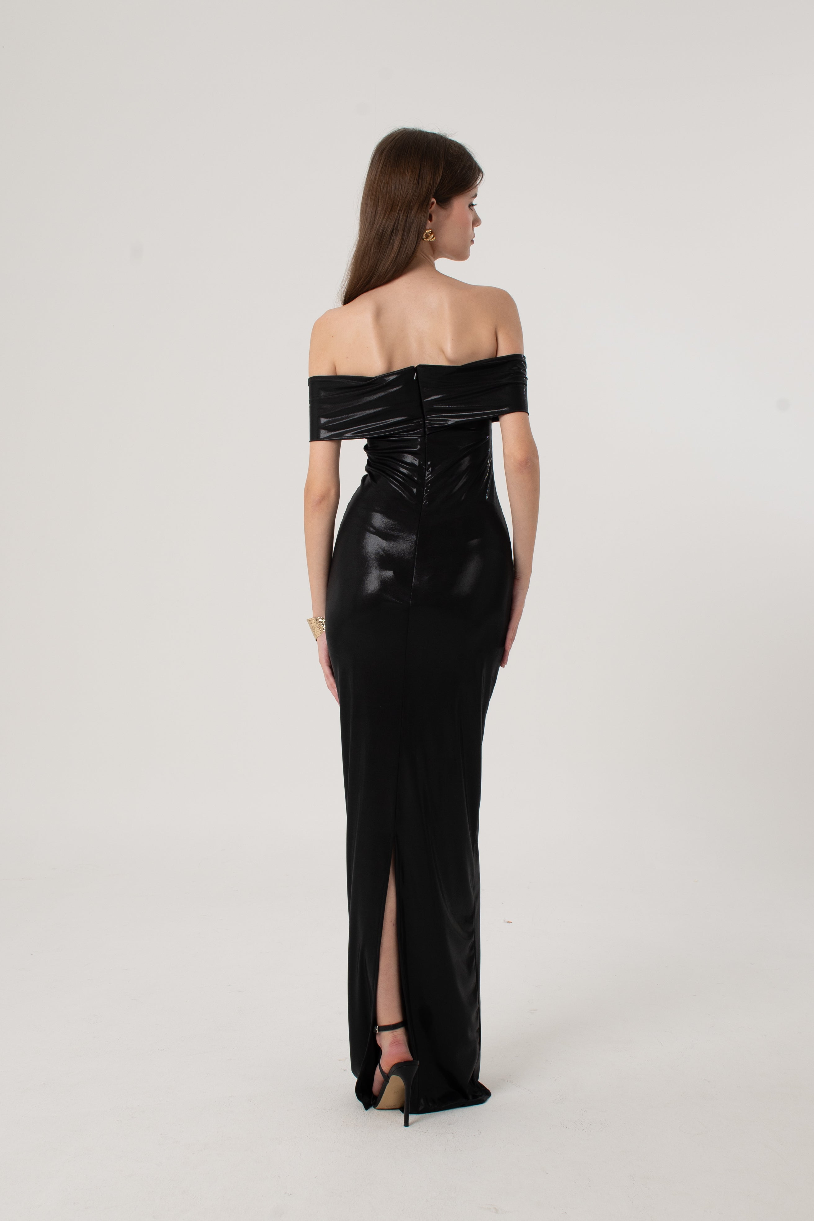 Black Metallic Shimmer Bardot Dress